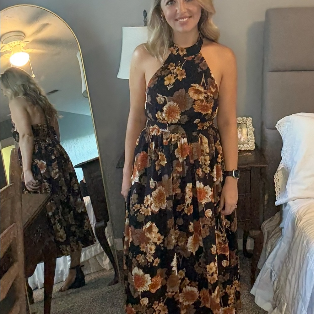 Lulus Charming Vision Black Floral Swiss Dot Lurex Halter Midi Dress